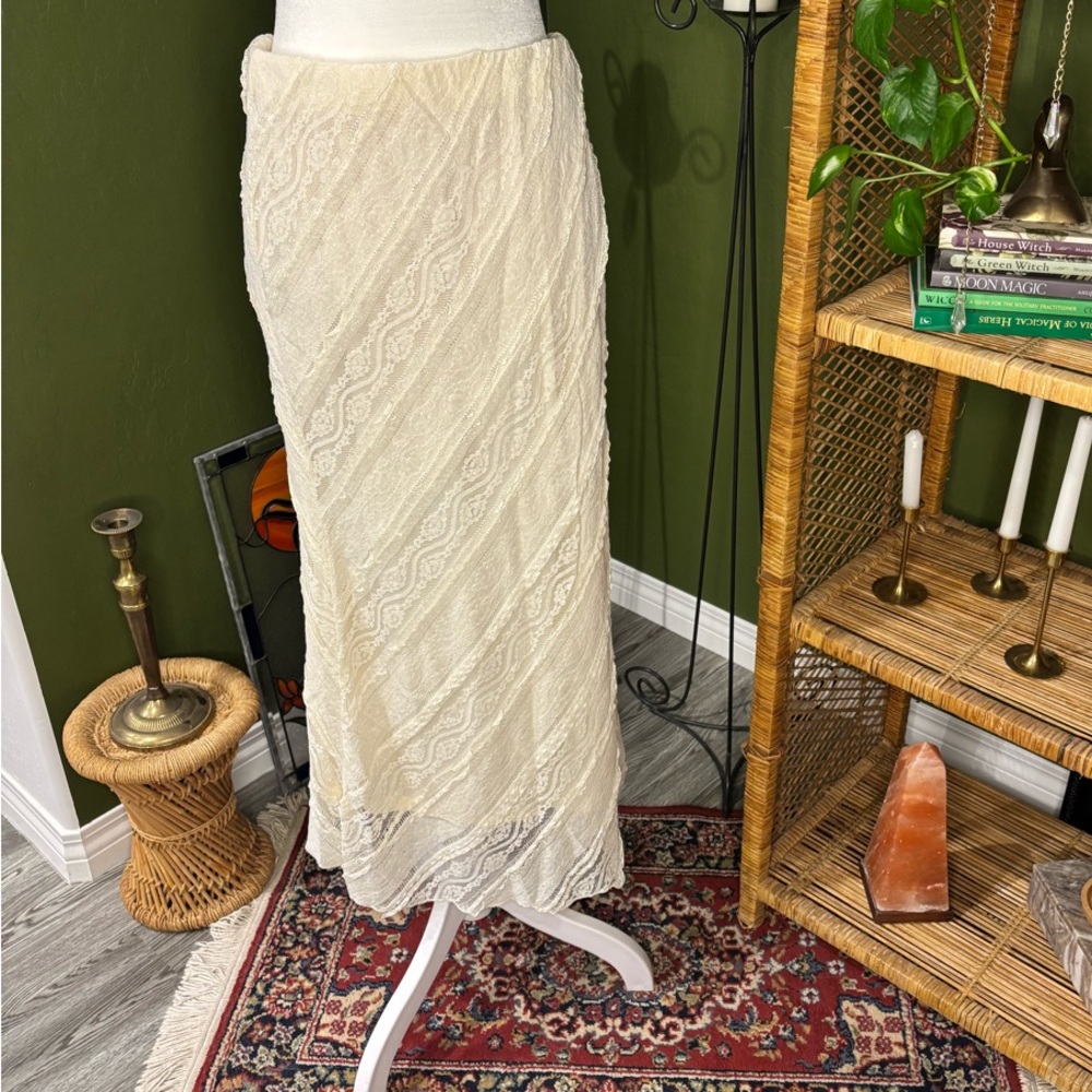 Peach Cream Lace Overlay Double Layered Long MIDI Tight Skirt